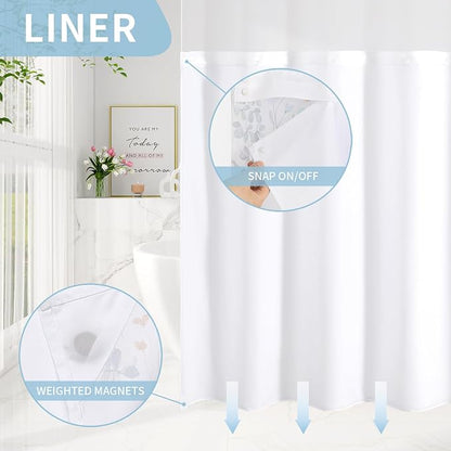 Litabel No Hook Blue Watercolor Floral Shower Curtain and Liner Set, 72x80 | Spring Flower Shower Curtains with Snap-in Liner for Farmhouse Bathroom Decor, Botanical Bathroom Curtain with Leaves