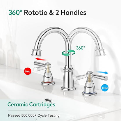 CREA 2 Handles 8 Inch Bathroom Faucet for Sink 3 Hole,360°Swivel Chrome Widespread Bathroom Faucets with Drain,3 Pieces Faucet for Vanity Restroom(cPUC Supply Line)