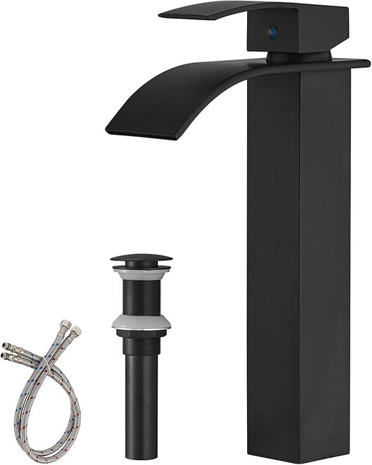 BWE Vessel Sink Faucet Modern Waterfall Matte Black Single Hole Bathroom Faucet Single Handle with Pop up Drain Without Overflow Assembly Vanity Basin Bath Sink Faucets Mixer Tap