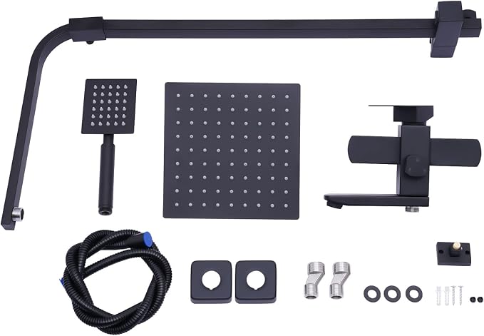 Black Shower System with Shower Head, Adjustable Shower Panel, 360 Rotated Air Pressurization Rain Shower Set, Complete for Homes & Swimming Pools