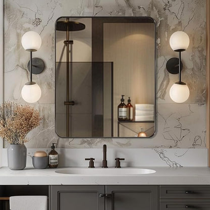 Bronze Mirror for Wall, 30x36” Rounded Rectangle Bathroom Mirror, Modern Stainless Steel Metal Frame for Vanity