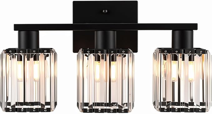 Crystal Bathroom Light Fixtures, 3-Light Matte Black, Vanity Lights for Bathroom Over Mirror, Modern Bath Wall Sconce for Mirror Bedroom Living Room