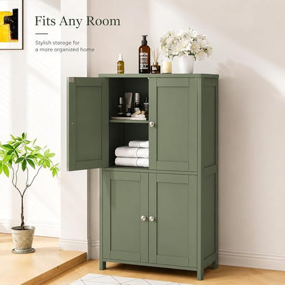 Nuturelly Bathroom Floor Storage Cabinet, 4 Doors, Anti-Tip, Pale Green | 23.7"D x 11.9"W x 42.6"H, Adjustable Shelves, Shaker style, 5-position Shelves, Rounded Corners, Easy Assembly