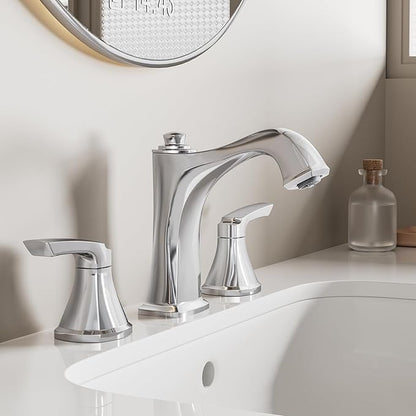 Chrome Bathroom Faucet 3 Hole, Sanliv Widespread Bathroom Sink Faucet with Drain Assembly, 2-Handle Modern Vantiy Faucet for 4-16 Inch Three Hole Sinks, Polished Chrome