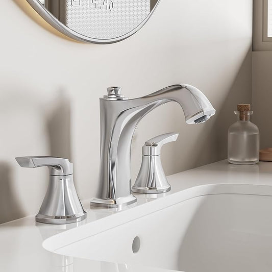 Chrome Bathroom Faucet 3 Hole, Sanliv Widespread Bathroom Sink Faucet with Drain Assembly, 2-Handle Modern Vantiy Faucet for 4-16 Inch Three Hole Sinks, Polished Chrome