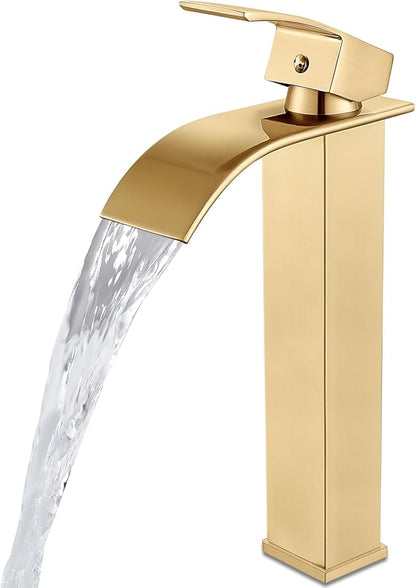 Midanya Waterfall Spout Bathroom Faucet Single Handle 1 Hole Bathroom Sink Faucet,Modern RV Lavatory Vanity Basin Tap with Water Hose,No Drain,Tall Body,Brushed Gold