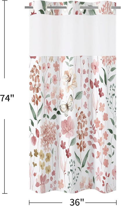 Litabel No Hook Pink Watercolor Floral Shower Curtain and Liner Set, 36x74 | Spring Flower Shower Curtains with Snap-in Liner for Farmhouse Bathroom Decor, Botanical Bathroom Curtain with Leaves
