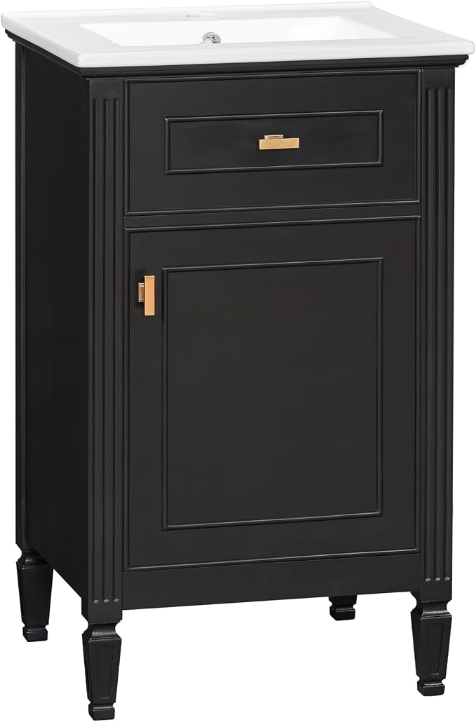 20 Inch Black Small Bathroom Vanity with Sink, Vanity Cabinet with Tip-Out Drawer and Door Rack Organizer, Adjustable Shelf
