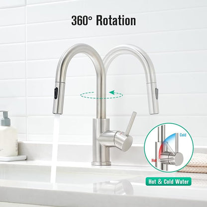 CREA Bathroom Faucet with Pull Out Sprayer,Brushed Nickel Single Handle Kitchen Bar Faucets for Mini Sink Pull Down Vanity Mixer Tap 2 Water Modes,cUPC/NSF