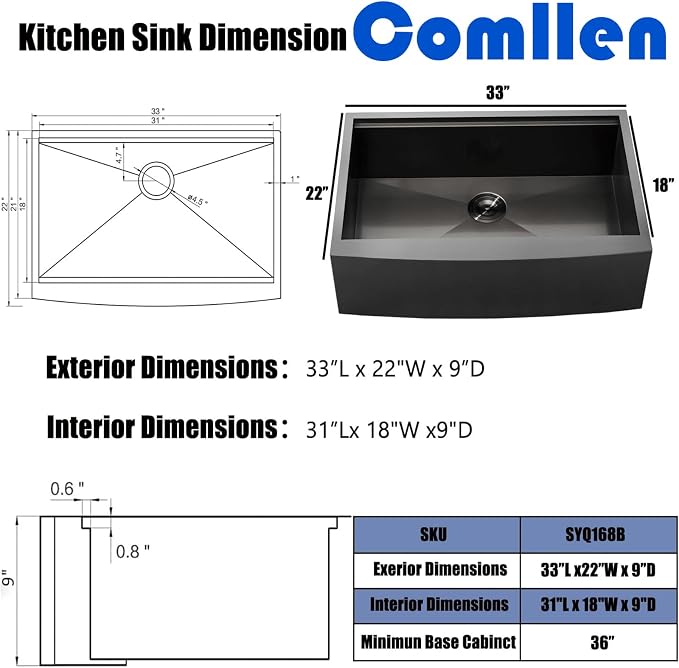 COMLLEN Black Farmhouse Sink 33 Inch,33x22 Apron Front Black Farm Sinks 16 Gauge Stainless Steel,Undermount Workstation Deep Single Bowl Luxury Rustic Farmhouse Kitchen Sinks with All Accessories
