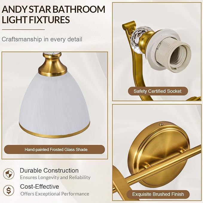 Gold Bathroom Light Fixture, 5-Light Bathroom Wall Sconces, 35 inch Brass Vanity Light with Milky White Frosted Glass Shade, Large Vintage Wall Lights for Spacious Rooms