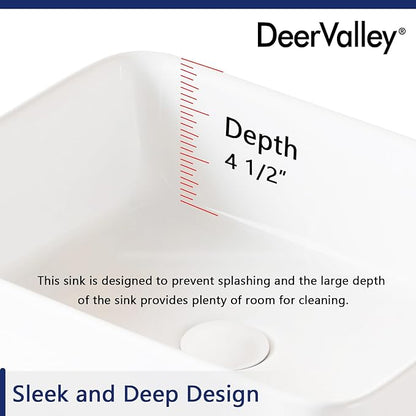 DeerValley Vessel Sink Rectangle 19"x15" Bathroom Sink, White Ceramic Rectangular Sink Above Counter Porcelain Art Basin,19 Inch Bathroom Sinks, DV-1V031