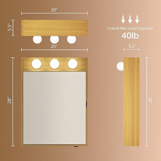 28x20 LED Lighted Bathroom Medicine Mirror Cabinet with Sockets & USBs, Dimmable Light and Color Adjustment, LED Bulbs, Easy to Install