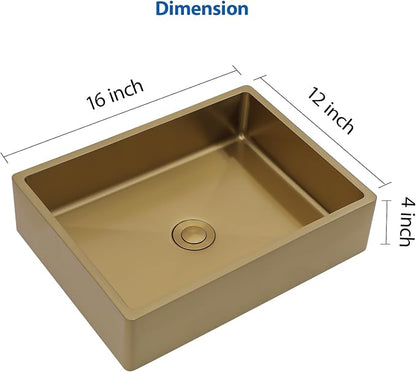 Lordear Stainless Steel Vessel Sink 16"x12" Gold Bathroom Vanity Sink | Gold Bathroom Vanity Sink Rectangular Above Couter Art Basin 4'' deep