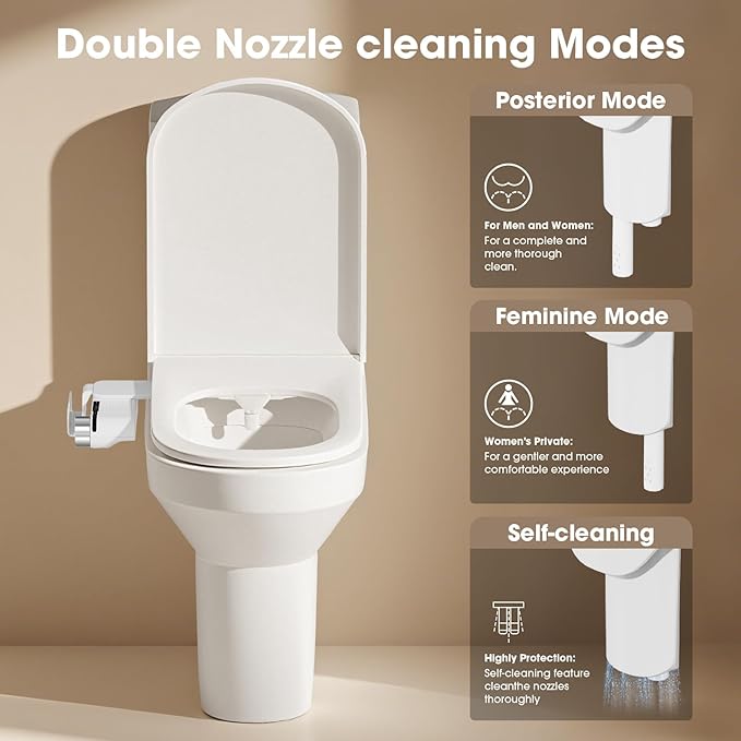 Bidet Attachment for Toilet with Phone Holder and Hook,Non-Electric Self-Cleaning Dual Retractable Nozzles,Adjustable Water Pressure for Rear and Feminine Wash