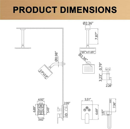 Brushed Gold Rainfall Shower System with Push-Button Diverter, Square UFO Rain Shower Trim Kit for Ceiling and Wall Mount, 2-Function Handheld Shower, Rough-in Valve, and Shower Faucet Set