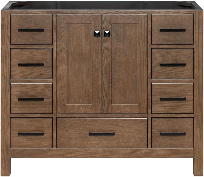 ARIEL Cambridge 42-inch Bathroom Vanity Base Cabinet,Solid Wood, 2 Soft Closing Doors, 9 Dovetail Drawers, Brown Oak