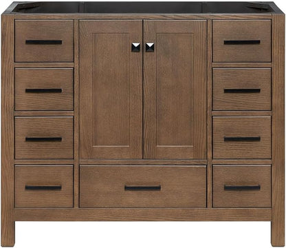 ARIEL Cambridge 42-inch Bathroom Vanity Base Cabinet,Solid Wood, 2 Soft Closing Doors, 9 Dovetail Drawers, Brown Oak