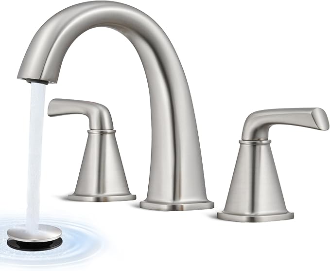 Widespread Bathroom Faucet 3 Hole, Brushed Nickel Bathroom Sink Faucet, 2 Handle Brass Bathroom Faucets for Vanity Faucet with Pop Up Drain and 2 Supply Lines