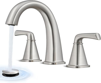 Widespread Bathroom Faucet 3 Hole, Brushed Nickel Bathroom Sink Faucet, 2 Handle Brass Bathroom Faucets for Vanity Faucet with Pop Up Drain and 2 Supply Lines