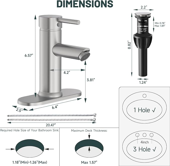 Bathroom Faucet for 1 or 3 Holes, Brushed Nickel, Brass | Single Handle Bathroom Sink Faucets, Modern Commercial Lavatory Vanity Faucet, with Deck Plate and Supply Line, Pop Up Drain
