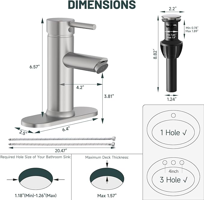 2 Pack Bathroom Faucet for 1 or 3 Holes, Brushed Nickel, Brass | Single Handle Bathroom Sink Faucets, Modern Commercial Lavatory Vanity Faucet,with Deck Plate and Supply Line, Pop Up Drain