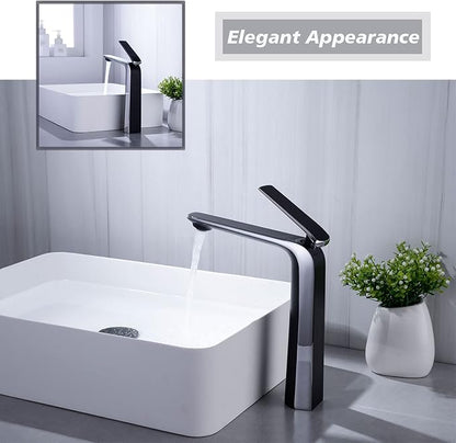 TOCALOCA Tall Bathroom Basin Faucet Matte Black and Silver Chrome, Bathroom Vessel Sink Faucet Brass, Single Handle One Hole Vanity Sink Mixer Tap Faucet for Blow Sink Lavatory, Hot and Cold Water