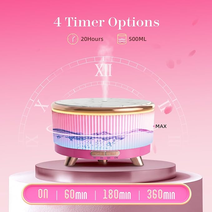 500ml Essential Oil Diffuser, Ultrasonic Aromatherapy Humidifier | with Remote Control, 7-Color LED Light, Timer & Auto Shut-Off, Cool Mist Diffuser for Home, Bedroom, Office (Pink)