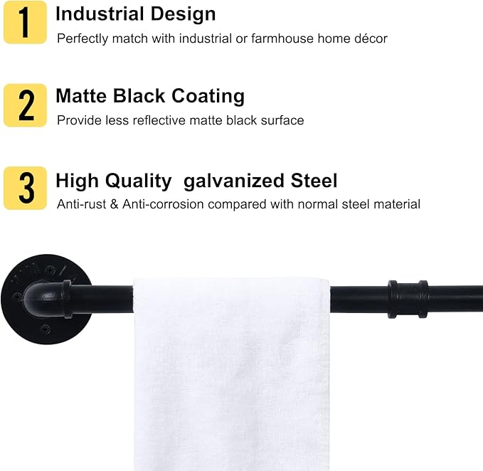 HouseAid 36 Inch Industrial Pipe Towel Bar, Farmhouse Iron Hand Towel Holder, Vintage Style Towel Rod for Bathroom, Wall Mounted, Matte Black (Hook Included)