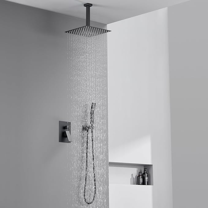 Shower System 12 Inches Rain Shower Combo Set Black Ceiling Mount Shower Faucet Bathroom Faucets with Rainfall Shower Head and Hand Shower