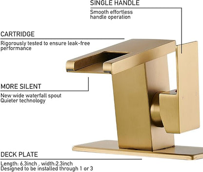 LED Bathroom Sink Faucet, Brushed Gold Waterfall Single Hole Handle Vanity Faucets for Sinks 1 Hole with Metal Pop Up Drain and 2 Water Supply Lines, Side Handle
