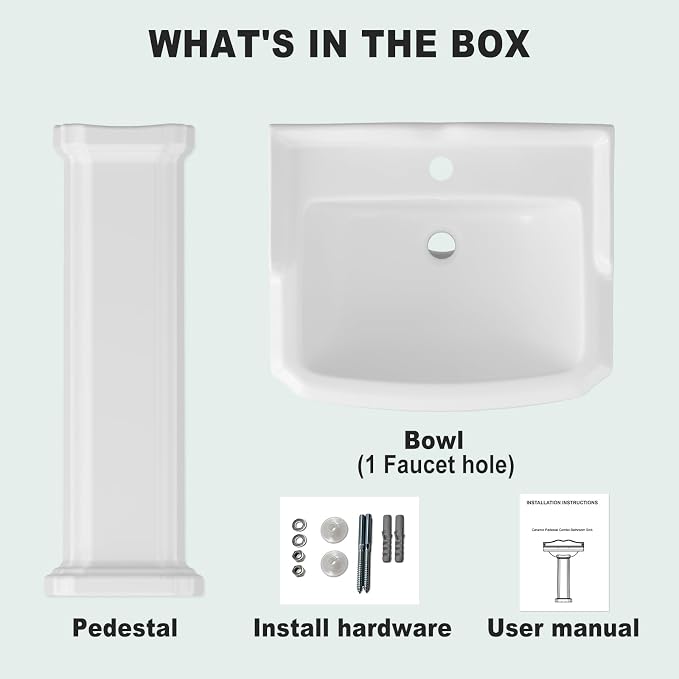 GarveeHome Rectangular Pedestal Sink, 23"L x 19"W White Ceramic Bathroom Vanity Sink, Features Single Faucet Hole and Overflow