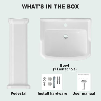 23" W X 19" D Bathroom Pedestal Sink, Vintage White Ceramic Vanity Sink with Overflow and Single Hole Faucet Pre-Drilled,Freestanding Restroom Sink Combo for Small Spaces