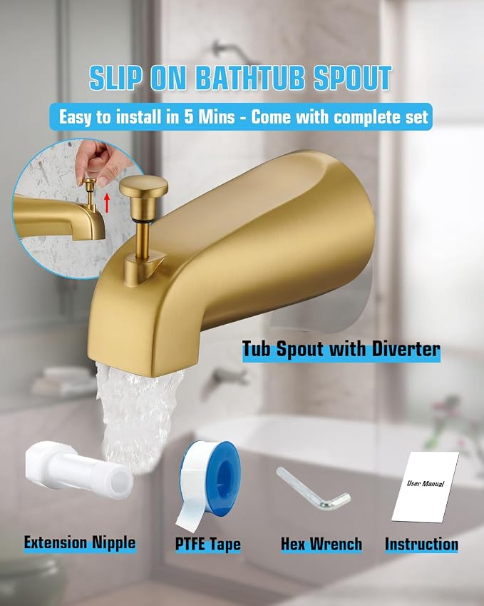 Tub Spout with Diverter, Slip On Bathtub Spout Fits 1/2'' Copper Tube(5/8'' Dia), Bathroom Tub Faucet with PTFE Tape & Hex Wrench, Brushed Gold