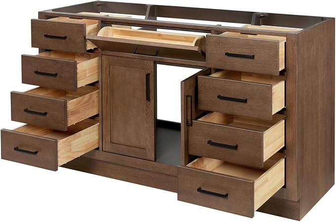 ARIEL Hepburn 60-inch Bathroom Vanity Base Cabinet,Solid Wood, 2 Soft Closing Doors, 9 Dovetail Drawers, Brown Oak
