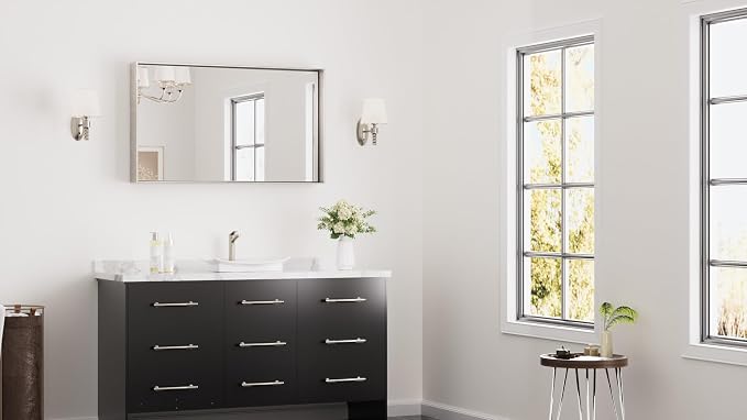 Keonjinn 40x24 Inch Nickel Bathroom Mirror for Over Sink, Rectangular | HD Tempered Glass, Vanity Mirror, Brushed Framed, Square Corner, Modern Farmhouse, Wall Mounted Mirrors, Aluminum Alloy