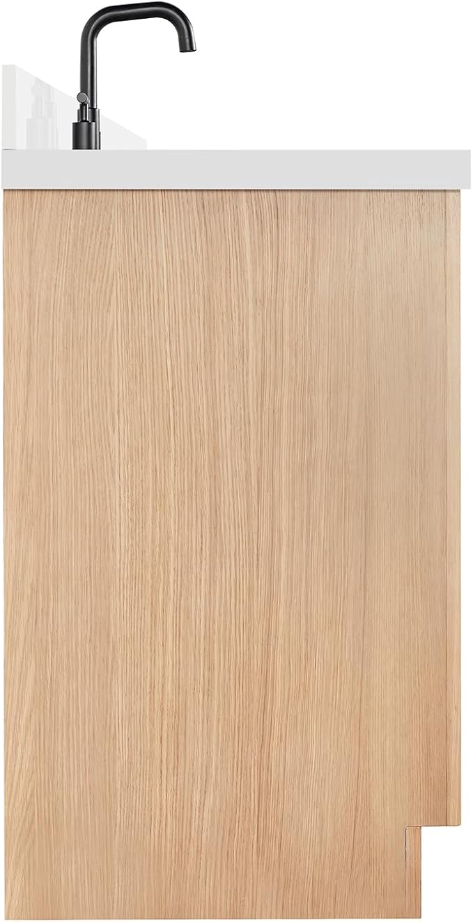 ARIEL Hepburn 60-inch Bathroom Vanity with Sink,Solid Wood, 1.5-inch Pure White Quartz Countertop, Single Rectangular Porcelain Sink, 2 Soft Closing Doors, 9 Dovetail Drawers, White Oak