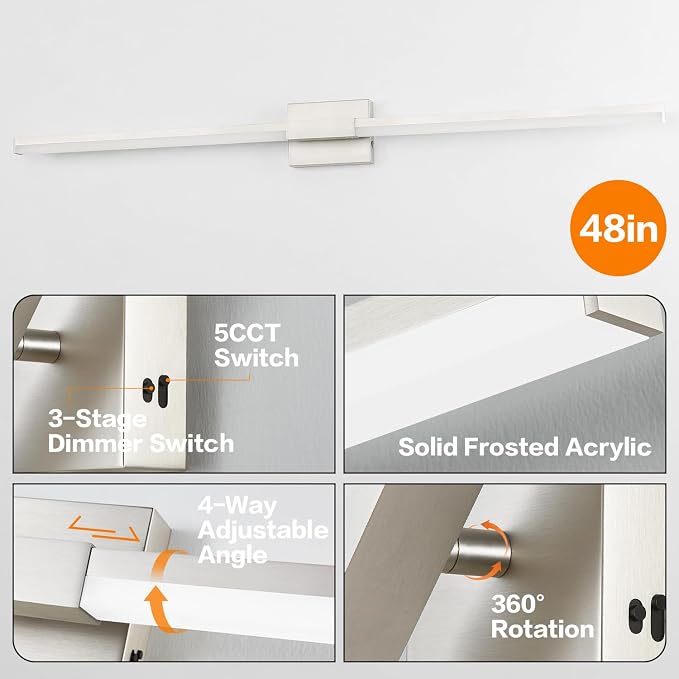 SOLFART Bathroom Vanity Light 48-Inch: Brushed Nickel 5CCT Dimmable Bathroom Light Fixtures, Solid Frosted Acrylic, Built-in Dimmer, CRI88 Soft Light, ETL IP44