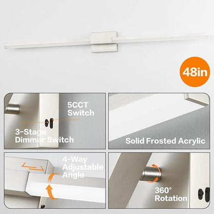 SOLFART Bathroom Vanity Light 48-Inch: Brushed Nickel 5CCT Dimmable Bathroom Light Fixtures, Solid Frosted Acrylic, Built-in Dimmer, CRI88 Soft Light, ETL IP44