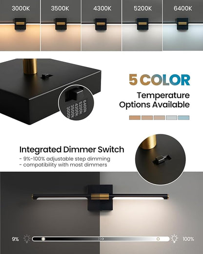 Black Gold Vanity Light Fixtures for Bathroom Over Mirror 24 inch LED Bath Sconces IP44 5CCT Adjustable Morden Picture Lights for Paintings (Built-in Dimmer)