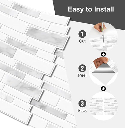 10 Sheets Peel and Stick Backsplash, 12"x12" Peel and Stick Tiles, Marble Look Wall Tiles Backsplash for Kitchen and Bathroom, Livingroom,White and Gray