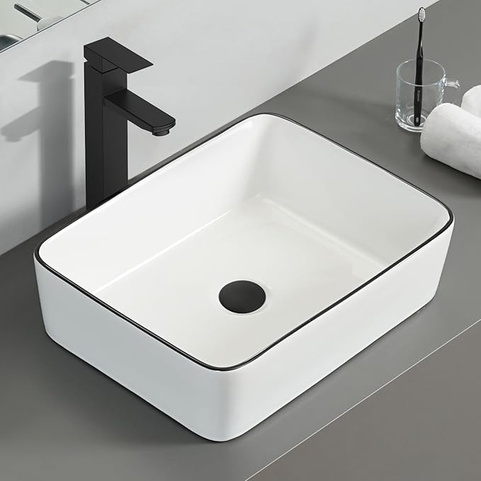 Ceramic Bathroom Sink, White 19" x 15" Above Counter Porcelain Vessel Sink with Black Faucet and Pop up drain Set, Rectangle