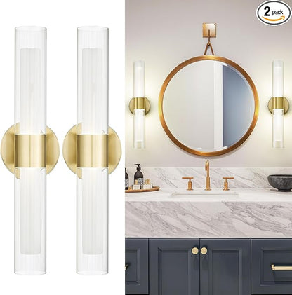 kudos 2-Pack Brushed Gold LED Vanity Lights, Clear and Frosted Glass, 3CCT | 11W,1100 Lumens, 3000K, 4500K and 6000K Selectable, Hardwired, for Bathroom, Bedroom and Over Mirror, KDVL06-GD-2-2PK