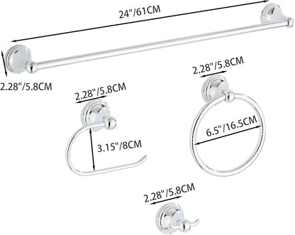4-Piece Towel Bar Set, 24 Inch Towel Racks for Bathroom Wall Mounted in Chrome, SUS304 Stainless Steel Complete Bathroom Hardware
