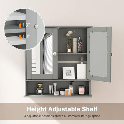 COSTWAY Bathroom Cabinet Wall Mount, Wooden Medicine Cabinet with 2 Mirror Doors, Adjustable Shelf, Open Compartment, for Laundry, Living Room, Kitchen, Gray