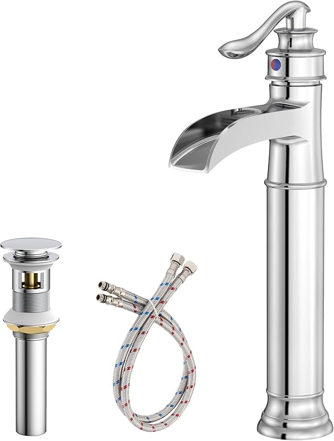 Chrome Vessel Sink Faucet Tall Brass Waterfall Faucet for Vessel Sink | Bathroom Faucets Farmhouse Single Hole Single Handle Vanity Lavatory Without Overflow Pop Up Drain for Washroom by BATHLAVISH