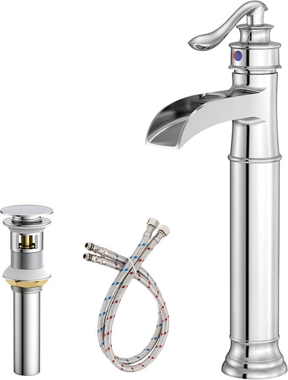 Chrome Vessel Sink Faucet Tall Brass Waterfall Faucet for Vessel Sink | Bathroom Faucets Farmhouse Single Hole Single Handle Vanity Lavatory Without Overflow Pop Up Drain for Washroom by BATHLAVISH