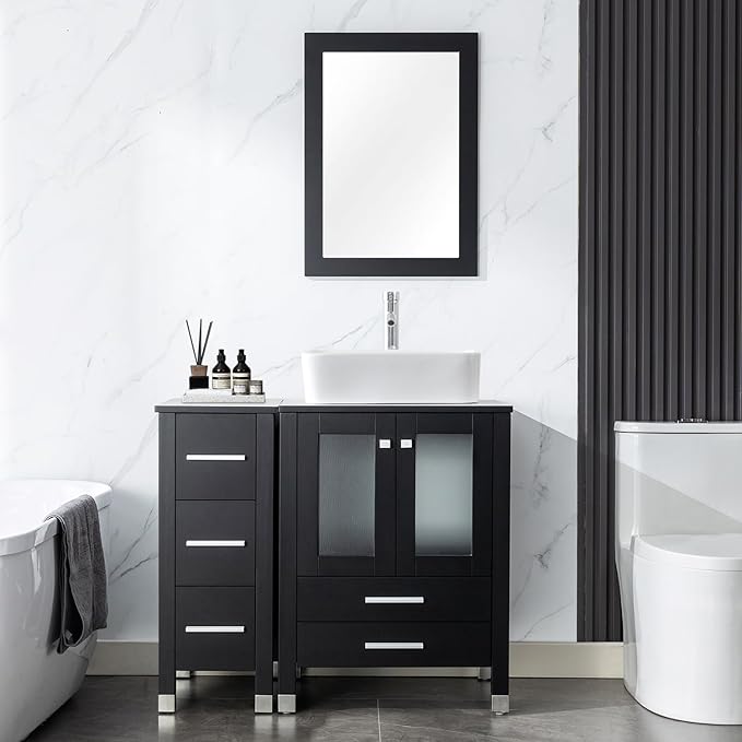LUCKWIND 36" Bathroom Vanity Combo with Sink, 24"+12.6" Width, Painted Bathroom Storage Cabinet with 5 Drawers, Including White Rectangle Sink Without Mirror, Black