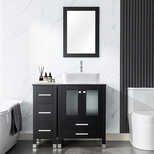 LUCKWIND 36" Bathroom Vanity Combo with Sink, 24"+12.6" Width, Painted Bathroom Storage Cabinet with 5 Drawers, Including White Rectangle Sink Without Mirror, Black