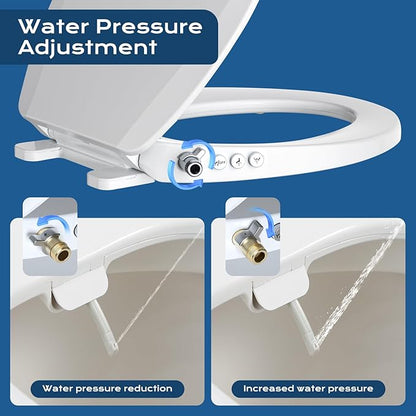 Bidet Toilet Seat, Soft Close Round Toilet Seat, Button control Feminine/Posterior Wash Switch, Knob Control Water Pressure,White Bidet Seat Attachment with Brass inlet